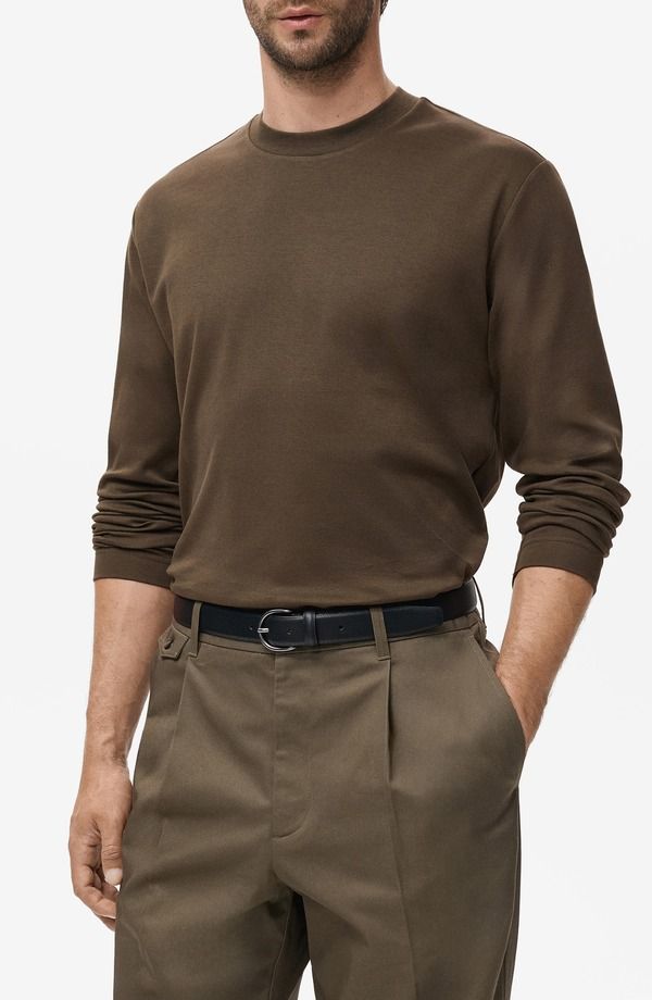マンゴ メンズ トップス Tシャツ レギュラーフィット MANGO Regular Fit Long Sleeve TShirt Olive Green グリーン