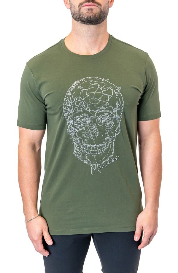 マセオ メンズ トップス Tシャツ コットン 刺繍 Maceoo Screbbleskull Armygreen Embroidered Skull Stretch Cotton TShirt Gre