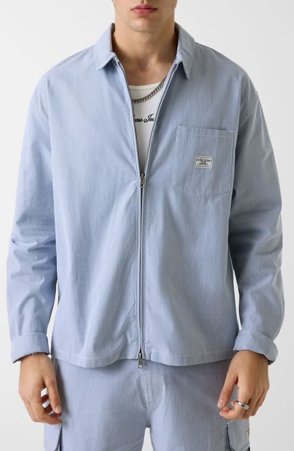 ゲス メンズ アウター パーカー・スウェット シャツ GUESS Zip Front Stripe Shirt Daring Ocean White ホワイト