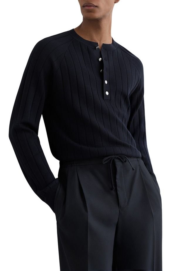 レイス メンズ トップス Tシャツ リブ セーター Reiss Andres Ribbed Henley Sweater Navy ネイビー