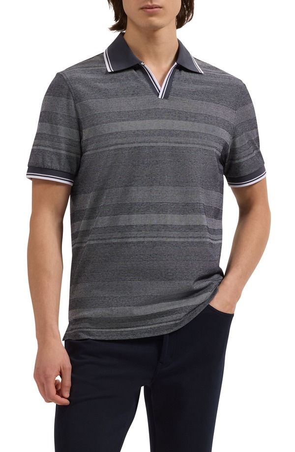 ブガッチ メンズ トップス ポロシャツ Bugatchi Textured Stripe Johnny Collar Polo Navy ネイビー