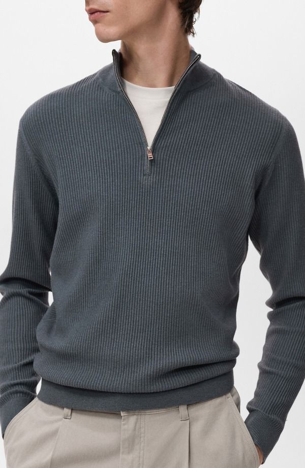 マンゴ メンズ アウター ニット・セーター ハーフジップ MANGO Rib Quarter Zip Sweater Dark Grey グレー マンゴ メンズ アウター ニット・セーター ハーフジップ MANGO Rib Quarter Zip Sweater Dark Grey グレー