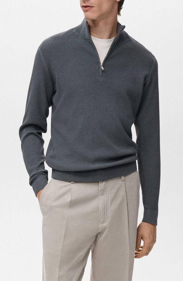 マンゴ メンズ アウター ニット・セーター ハーフジップ MANGO Rib Quarter Zip Sweater Dark Grey グレー