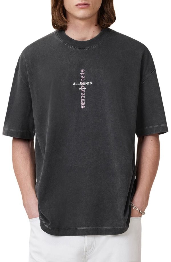 オールセインツ メンズ トップス Tシャツ 刺繍 グラフィック AllSaints Knox Embroidered Graphic TShirt Washed Black ブラック