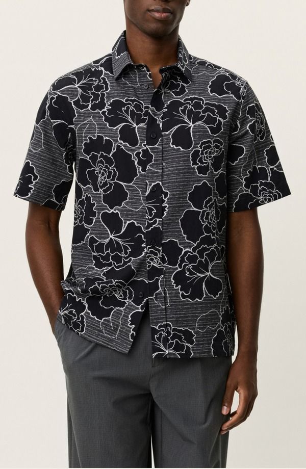 レ ドゥ メンズ トップス シャツ コットン ニット Les Deux Charlie Poppy Pattern Short Sleeve Knit Cotton Blend ButtonUp Sh