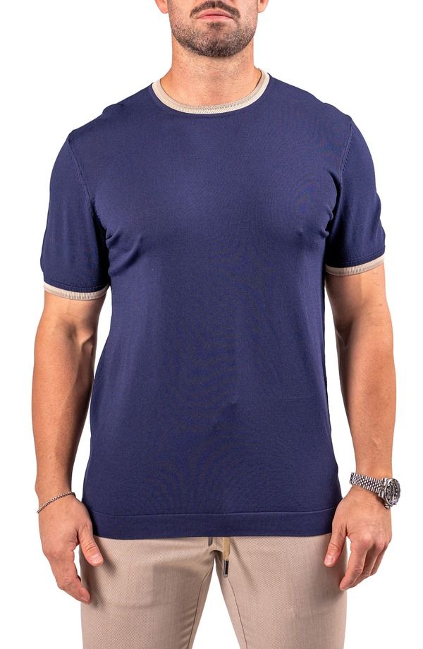マセオ メンズ アウター ニット・セーター Maceoo Tipped Short Sleeve Sweater Blue ブルー