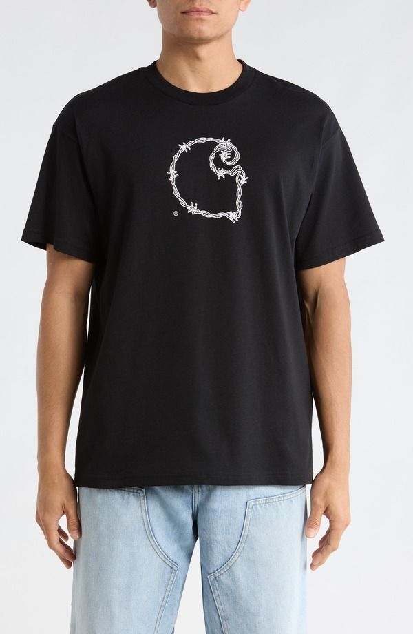 カーハート メンズ トップス Tシャツ コットン グラフィック Carhartt Work In Progress Barbwire Organicotton Graphic TShirt Black
