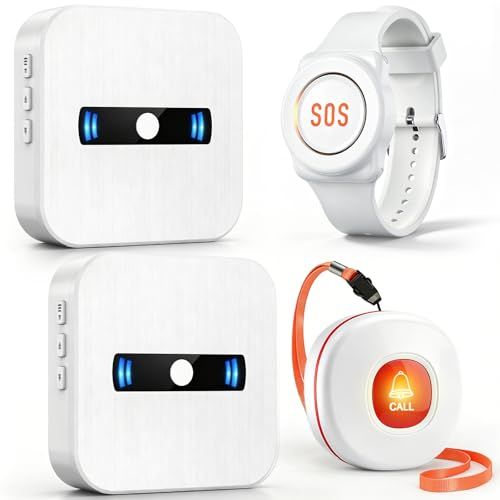 DAYTECH 介護呼び出しベル ナースコール家庭用 セット 腕時計型発信機 SOS 呼び出しボタン 高齢者・障がい者・妊婦向け IP55防水 150m 長距離 2受信機+1腕時計コールボタン+1押しボタン 赤色 (4, ホワイト)mt 8b4a9e62