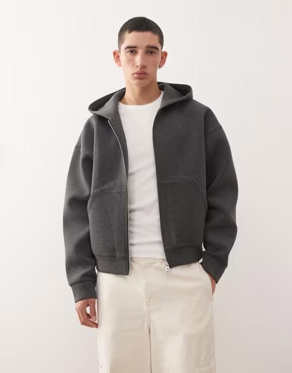 ウィークデイ メンズ アウター パーカー・スウェット スキューバ パーカー Weekday Simon scubastyle fabric zip up hoodie in dark gray mel