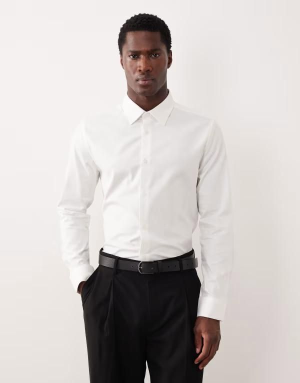 エイソス メンズ トップス シャツ スリムフィット ASOS DESIGN slim fit easy iron twill dresshirt WHITE ホワイト