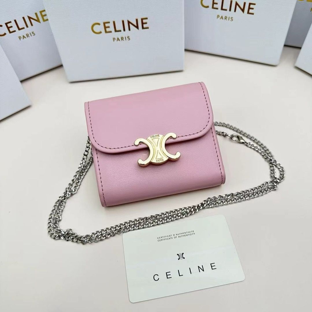 【本日限定】?Celine トリオンフ チェーンウォレット 10783 ? 高級本革＆チェーン付き！ミルクピンクの限定カラー[本日特価|新品未使用品]-MM輸入