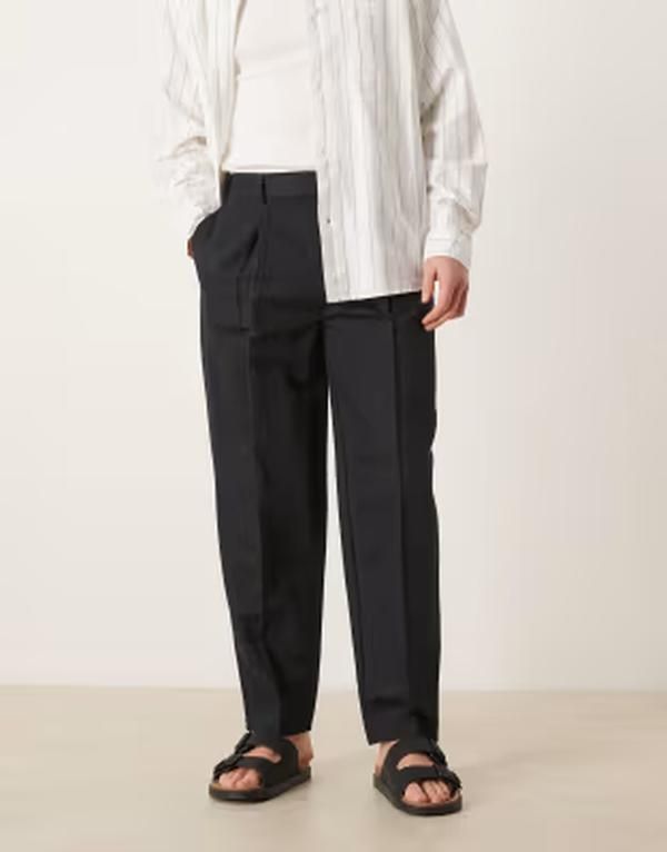 エイソス メンズ ボトムス カジュアルパンツ リネン ASOS DESIGN linen rich oversized taperedress pants Black ブラック