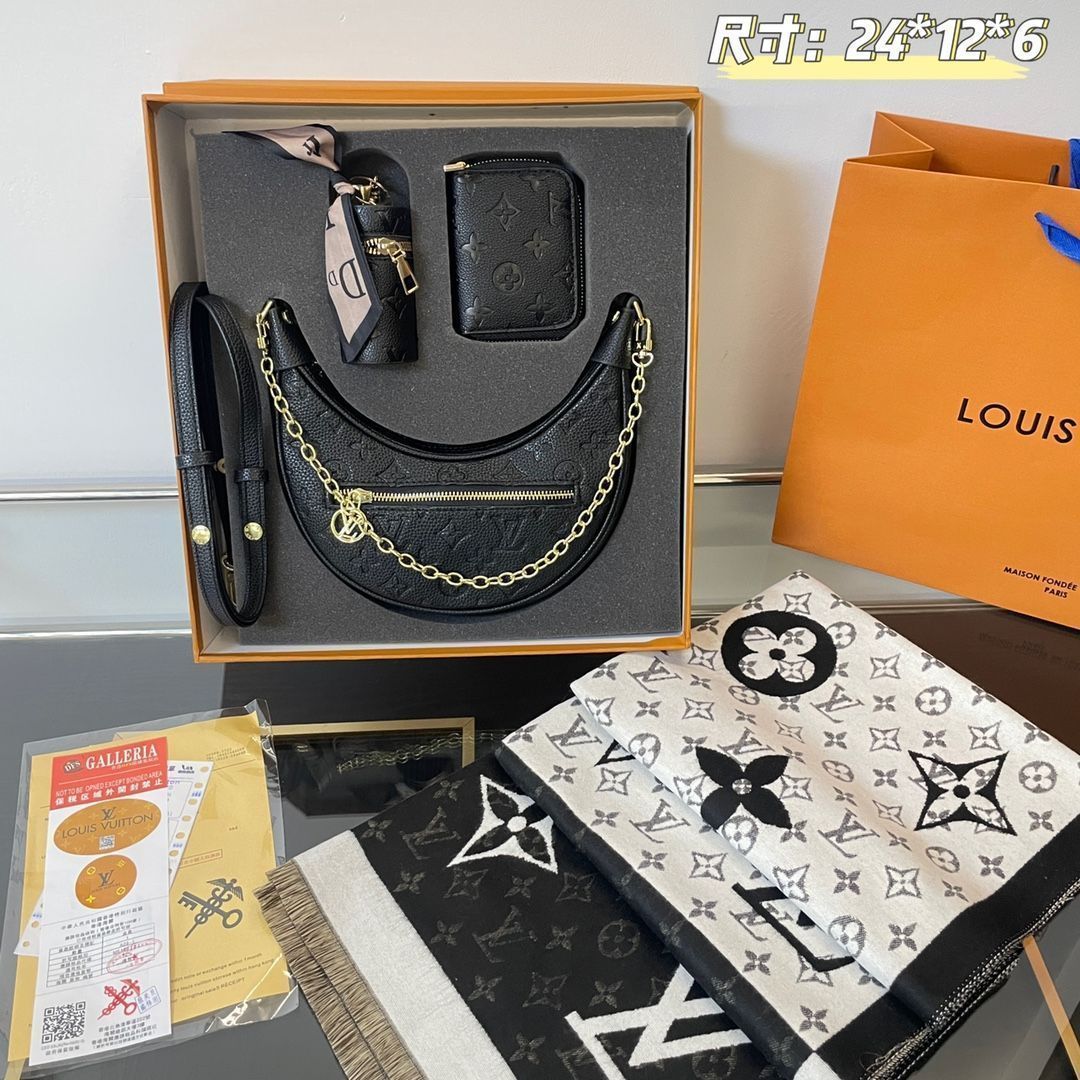 [本日特価] TOP New 高品質3点セット - Lv ブラックエンボスムーンバッグ + スカーフ + 財布/化粧ポーチ 本日限定特別割引！ [本日特価|新品未使用品]