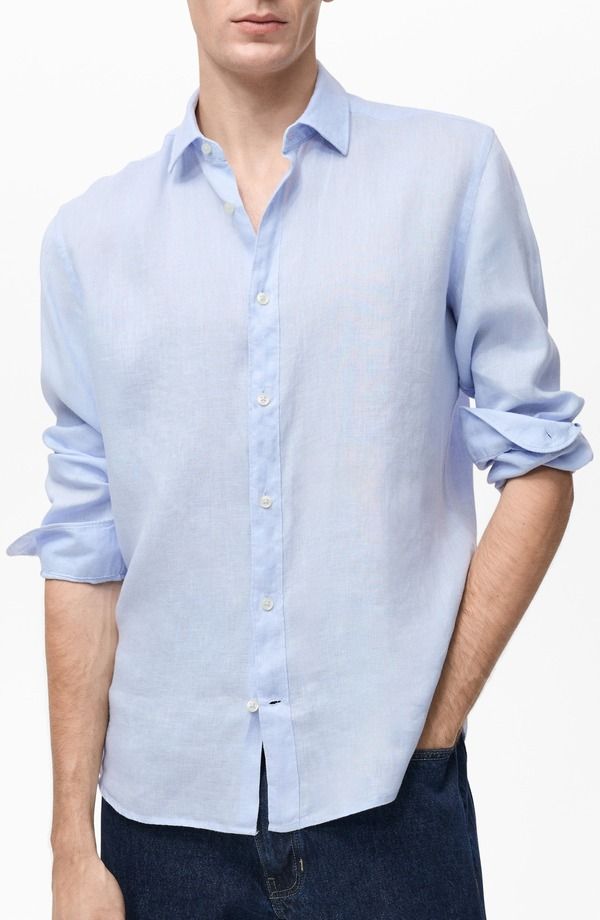 マンゴ メンズ トップス シャツ レギュラーフィット リネン MANGO Regular Fit Linen ButtonUp Shirt Sky Blue ブルー