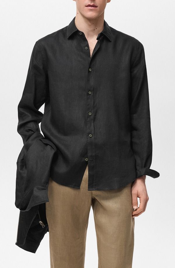 マンゴ メンズ トップス シャツ レギュラーフィット リネン MANGO Regular Fit Linen ButtonUp Shirt Black ブラック