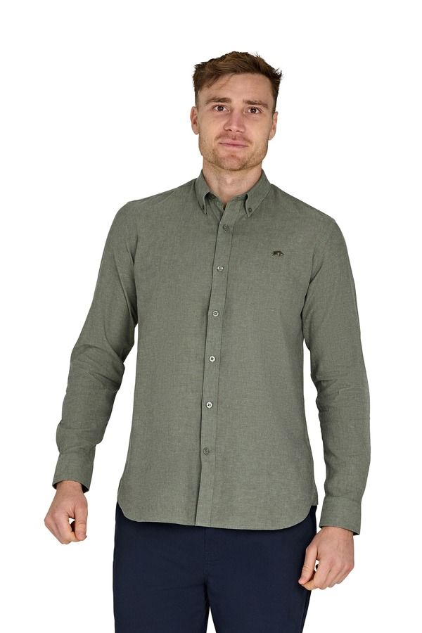 ライジングブル メンズ トップス シャツ リネン Raging Bullong Sleeve Linen Shirt Olive オリーブ