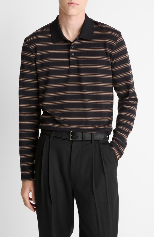 ヴィンス メンズ トップス ポロシャツ ジャージー Vince Striped Long Sleeve Jersey Polo Black Combo ブラック