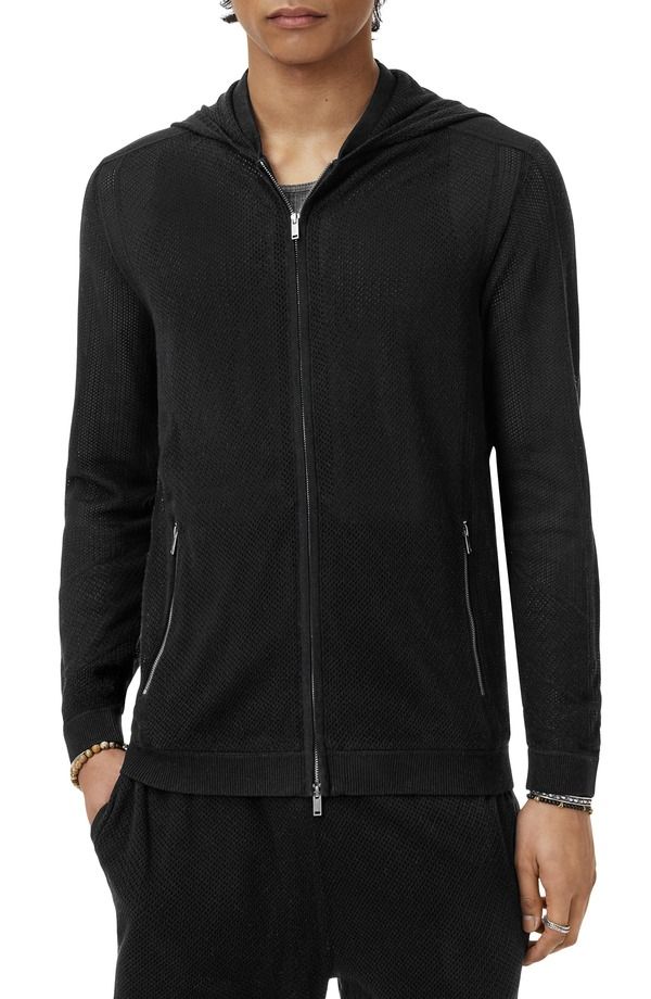 ジョンバルベイトス メンズ アウター パーカー・スウェット メッシュ セーター John Varvatos Lazo Full Zip Mesh Sweater Hoodie Black ブラック