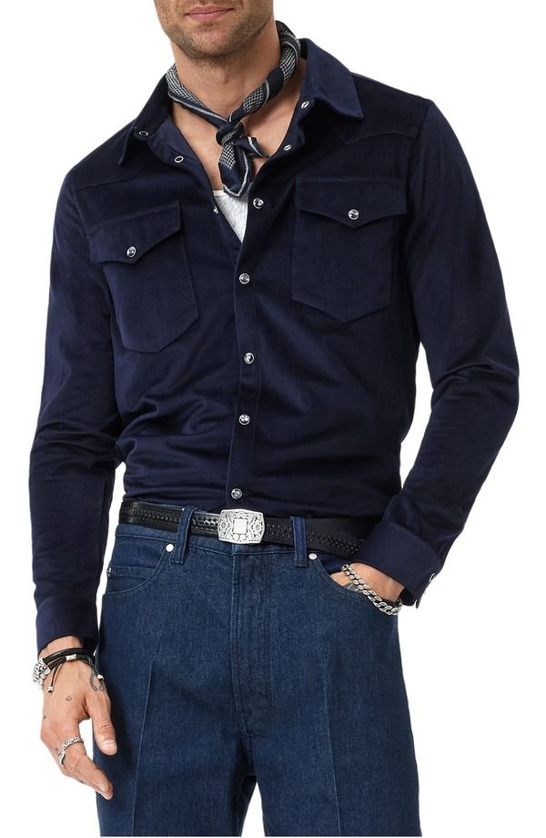 ジョンバルベイトス メンズ トップス シャツ スエード John Varvatos Andres Western Herringbone Faux Suede SnapUp Shirt Navy ネイ