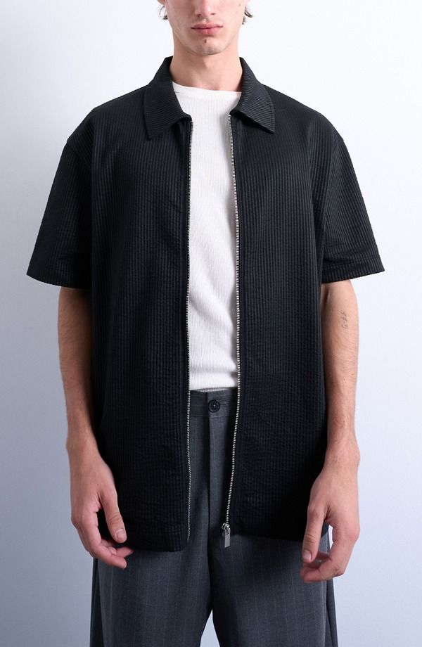 トップマン メンズ トップス シャツ Topman Seersucker ZipUp Shirt Black ブラック