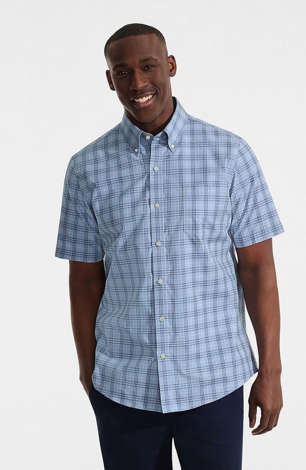 ランズエンド メンズ トップス シャツ Lands End Short Sleeve No Iron Twill Shirt Light Indigo Blue Plaid インディゴ