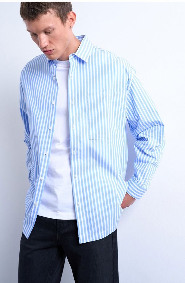 トップマン メンズ トップス シャツ コットン Topman Oversize Stripe Cotton ButtonUp Shirt Medium Blue ブルー