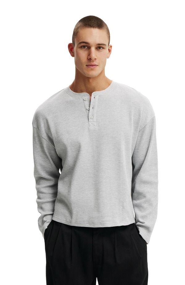 コットンオン メンズ トップス シャツ リラックスフィット Cotton Mens Relaxed Fitextured Henley Long Sleeve Grey Marle Waffle グレ