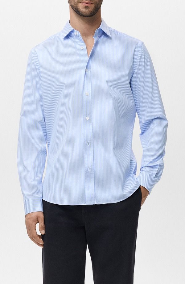 マンゴ メンズ トップス シャツ レギュラーフィット コットン MANGO Regular Fit Stripe Cotton ButtonUp Shirt Sky Blue ブルー