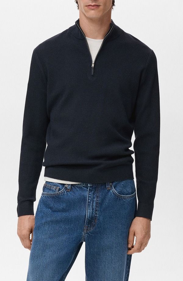 マンゴ メンズ アウター パーカー・スウェット ハーフジップ セーター MANGO Rib Quarter Zip Sweater Navy ネイビー