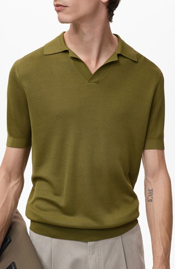 マンゴ メンズ トップス ポロシャツ リブ セーター MANGO Johnny Collaribbed Polo Sweater Green グリーン