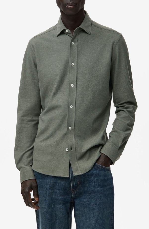 マンゴ メンズ トップス シャツ スリムフィット コットン MANGO Slim Fit Cotton Piqu ButtonUp Shirt Green グリーン