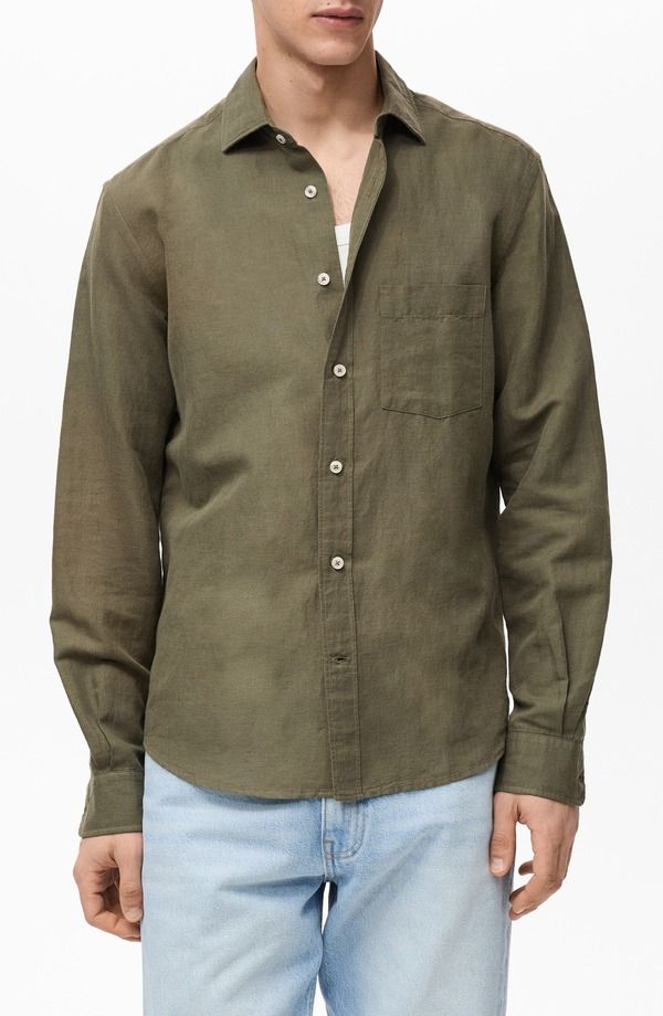 マンゴ メンズ トップス シャツ コットン リネン MANGO Classic Fit Linen Cotton ButtonUp Shirt Khaki Green グリーン