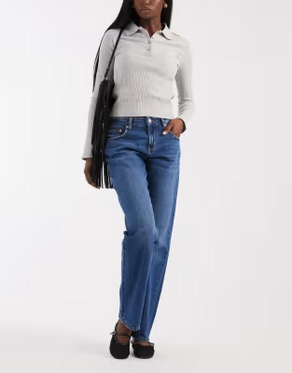 オンリー レディース ボトムス デニムパンツ ストレート ローライズ ジーンズ ONLY Bree low rise straight leg jeans in mid blue wash Dark
