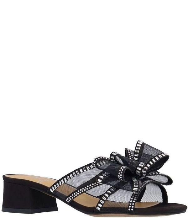 ジェイレニー レディース シューズ ヒール サンダル メッシュ J Renee Finola Mesh Rhinestone Bow Block Heel Slide Sandals Black ブラ