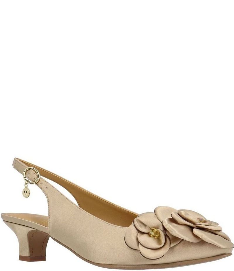 ジェイレニー レディース シューズ ヒール サテン J Renee Jozey Satin Flower Ornament Kitten Heel Sling Pumps Beige ベージュ