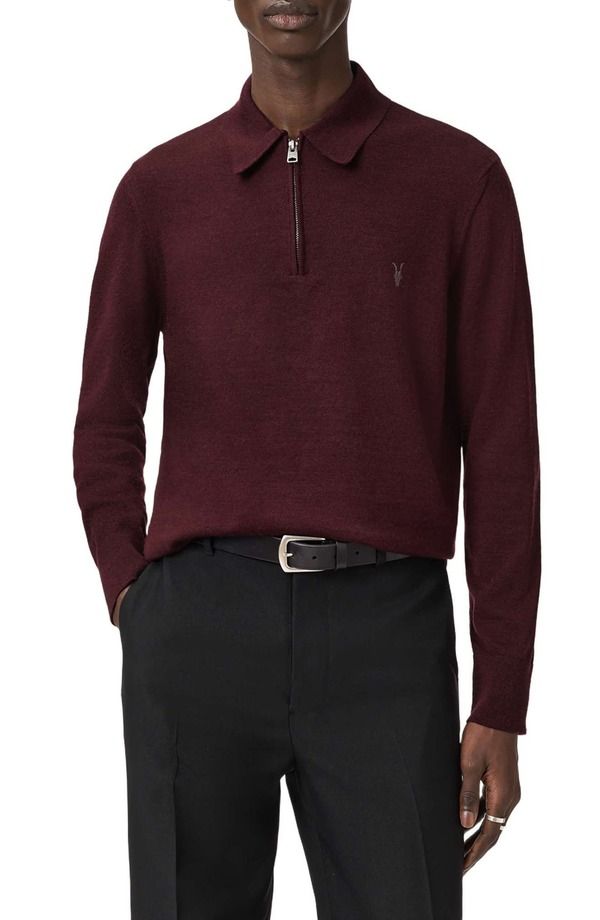 オールセインツ メンズ トップス ポロシャツ ハーフジップ ウール AllSaints Albany Merino Wool Quarter Zipolo Bronzed Red レッド