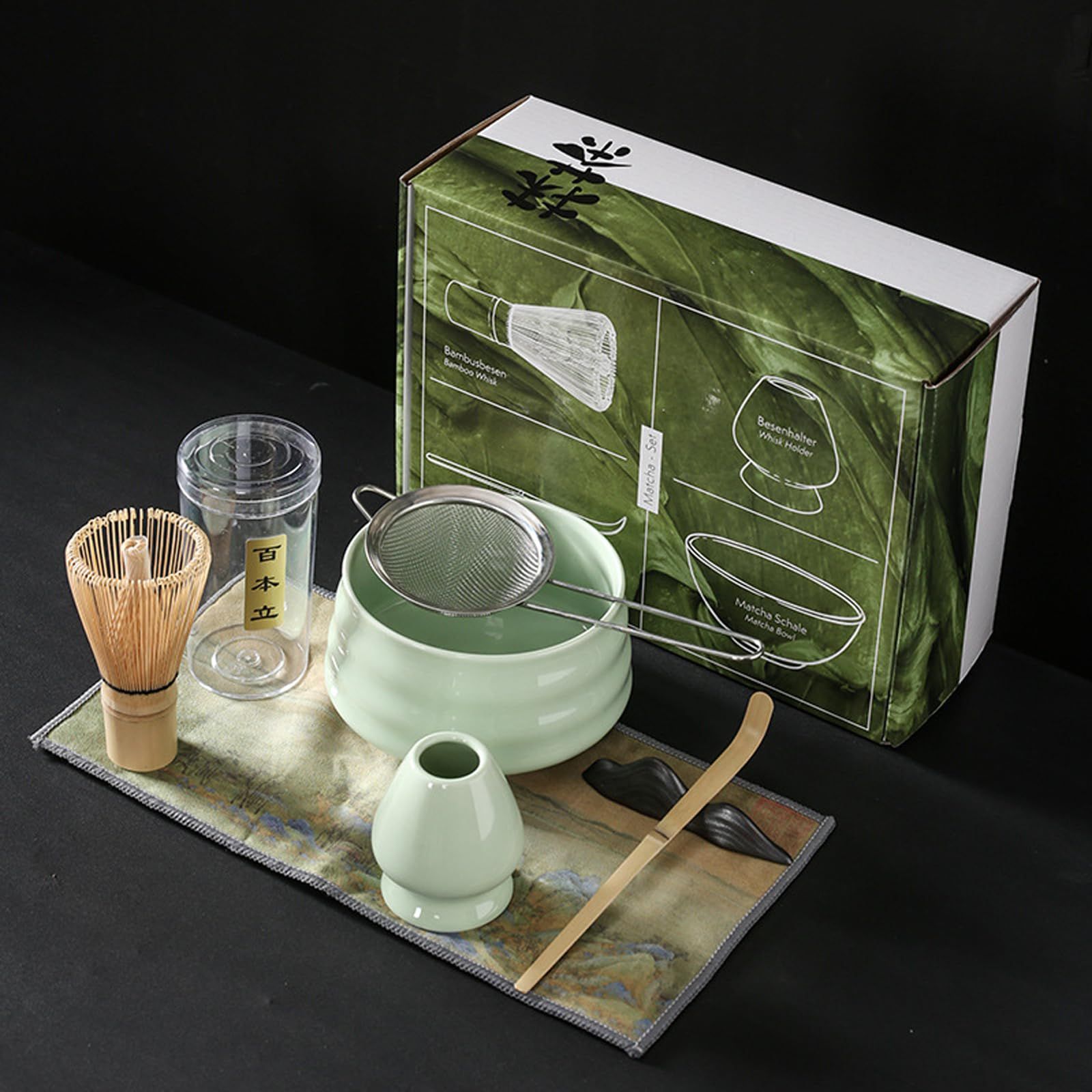 【新品】抹茶茶碗 セット 茶道7点セット 茶道具 matcha set 百本立 茶せん 竹製 茶筅・茶筅立て・茶杓・茶こし・抹茶茶碗 初心者向け お点前セット（グリーン） 0c39a2f4