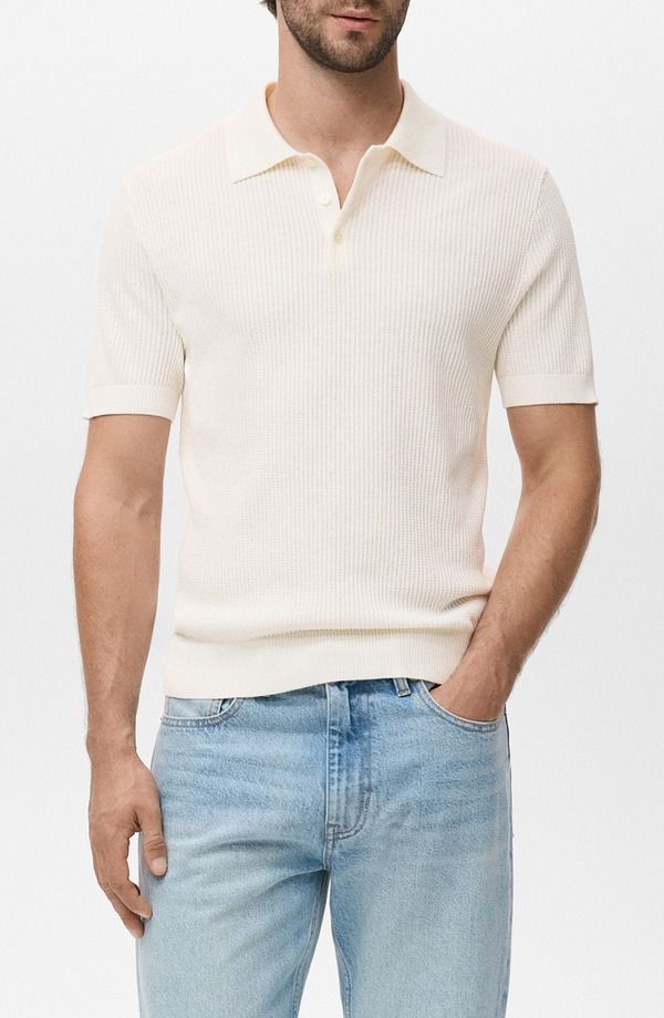 マンゴ メンズ トップス ポロシャツ リブ セーター MANGO Ribbed Polo Sweater Off White オフホワイト