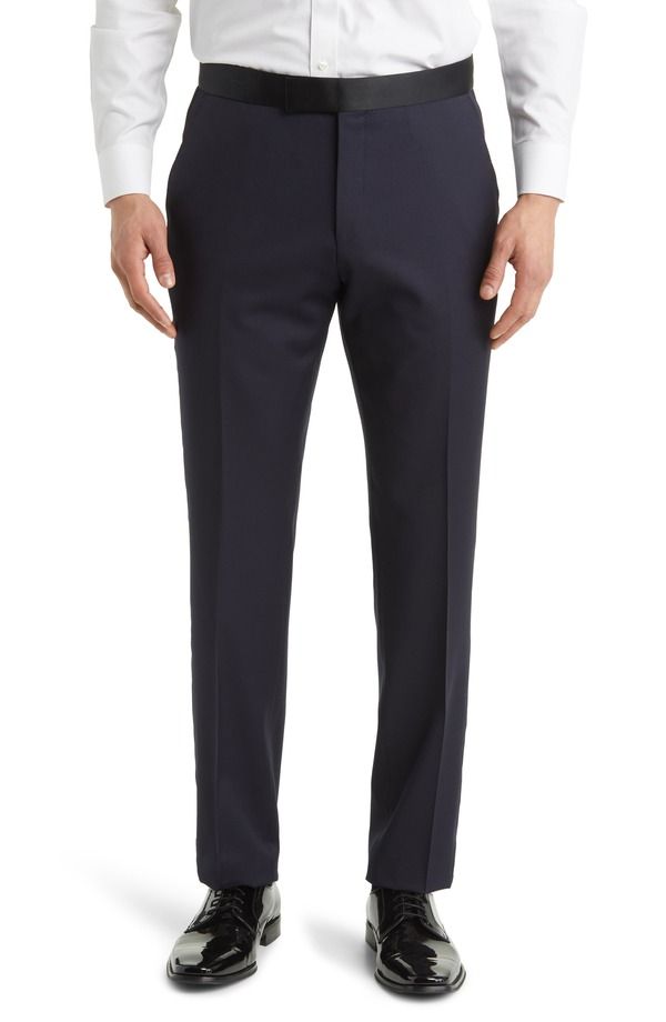 ボス メンズ ボトムス カジュアルパンツ スリムフィット ウール BOSS Geniuslim Fit Navy Virgin Wool Tuxedo Pants Navy ネイビー