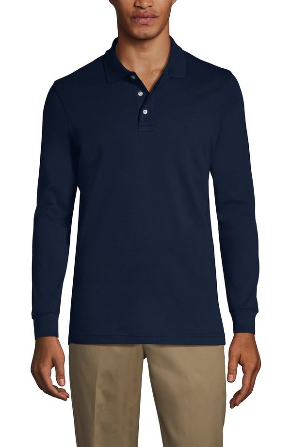 ランズエンド メンズ トップス ポロシャツ Lands End School Uniform Long Sleeve Interlock Polo Shirt Classic Navy ネイビー