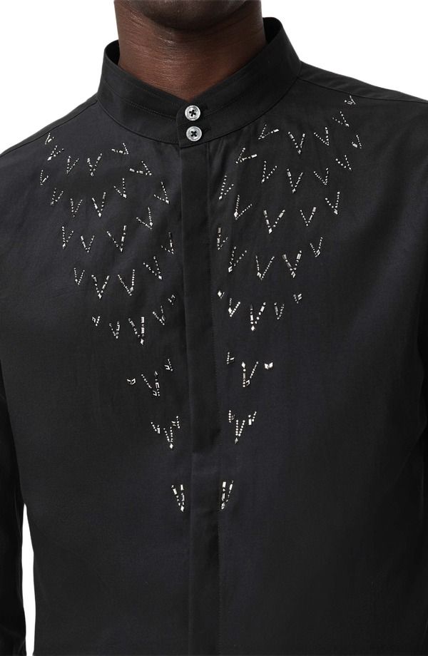 ジョンバルベイトス メンズ トップス シャツ ウール シルク John Varvatos Lex Embellished Band Collar Silk Wool ButtonUp Shirt Bl