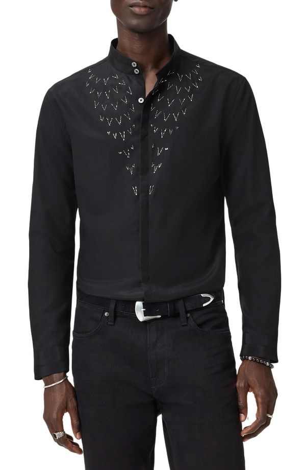 ジョンバルベイトス メンズ トップス シャツ ウール シルク John Varvatos Lex Embellished Band Collar Silk Wool ButtonUp Shirt Bl