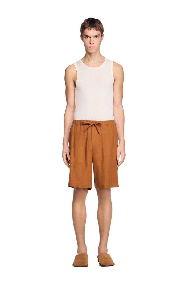 サンドロ メンズ ボトムス ハーフパンツ・ショーツ ショートパンツ リネン SANDRO Elastic waist linen shorts Whisky