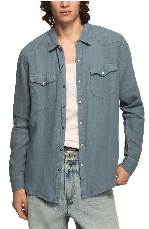 ラッキーブランド メンズ トップス シャツ リネン Lucky Brand Linen SnapUp Western Shirt Flint Stone ストーン