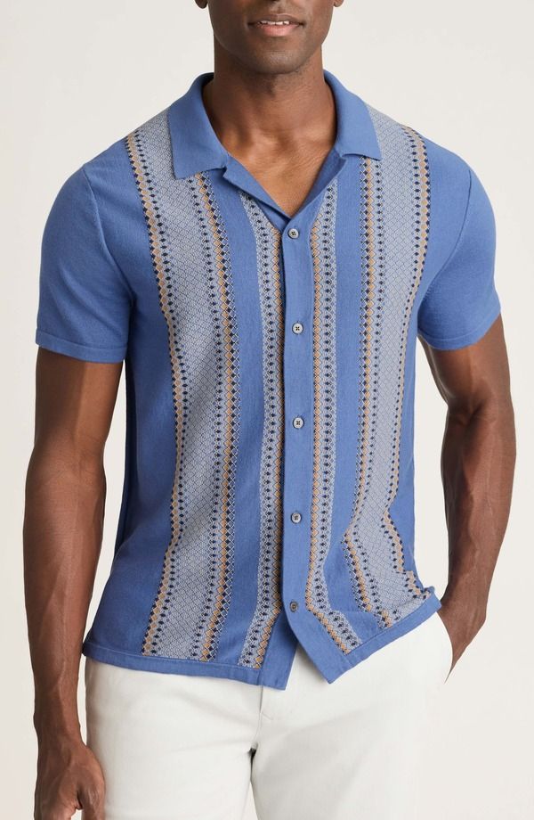 ボノボス メンズ アウター ニット・セーター コットン Bonobos Hudson Cabana Stripe Short Sleeve Cotton ButtonUp Sweater Steel