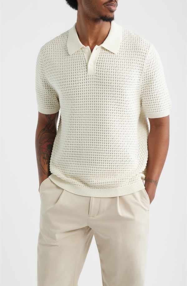 オープンエディット メンズ アウター パーカー・スウェット ポロシャツ ニット Open Editexture Knit Polo Top Ivory Egret アイボリー