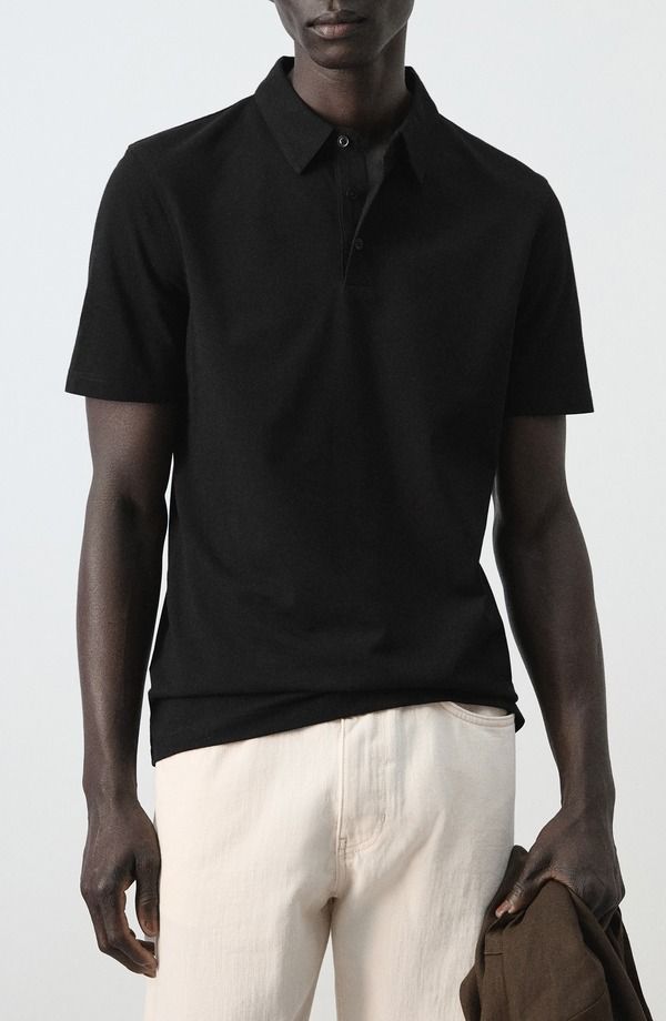 マンゴ メンズ トップス ポロシャツ スリムフィット コットン MANGO Slim Fit Stretch Cotton Blend Piqu Polo Black ブラック