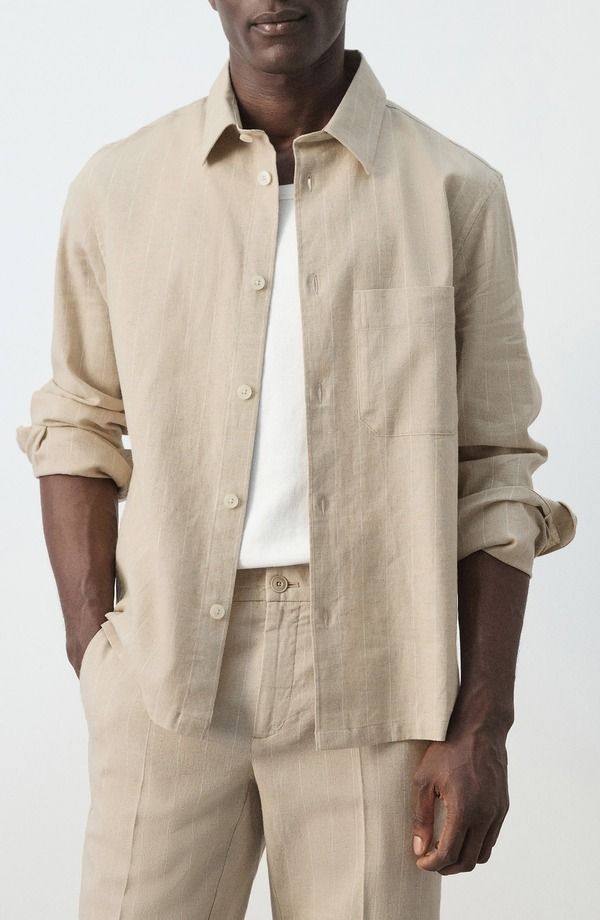 マンゴ メンズ トップス シャツ コットン リネン MANGO Linen Cotton ButtonUp Shirt Beige ベージュ