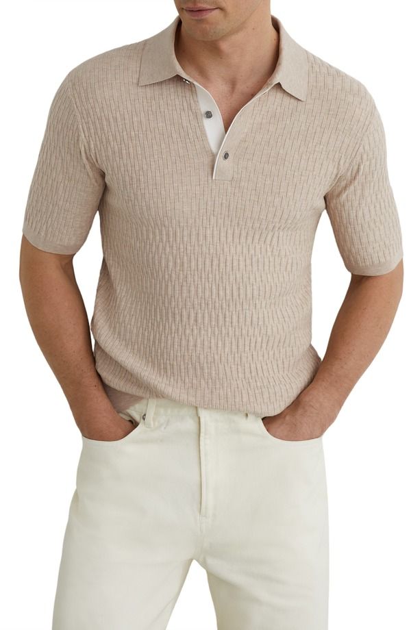レイス メンズ トップス ポロシャツ セーター ニット Reiss Era Basket Weave Knit Polo Sweater Oatmeal Brown ブラウン