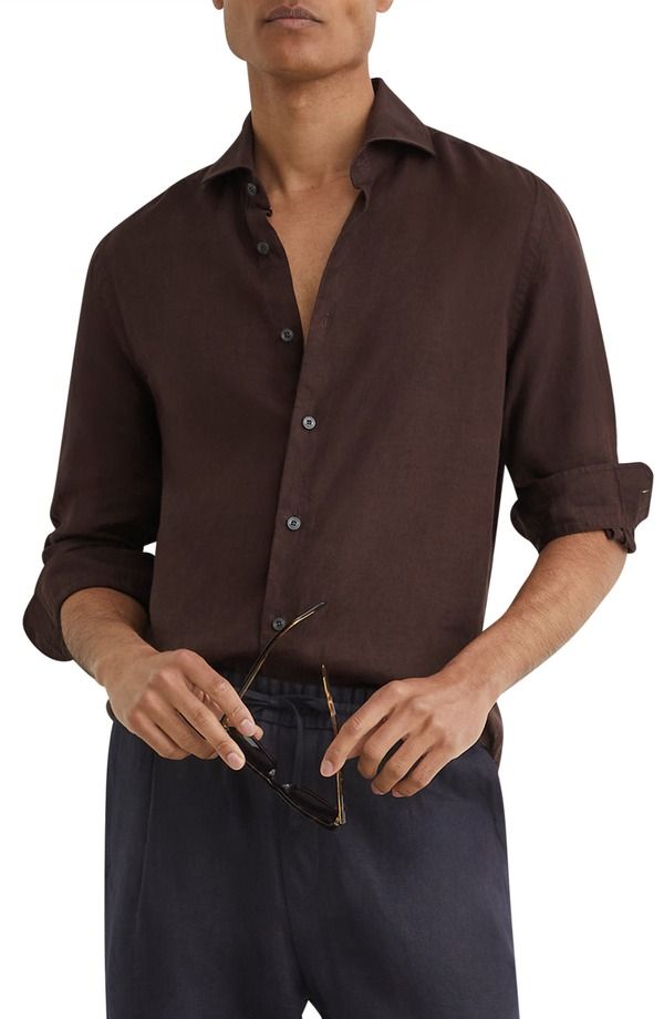 レイス メンズ トップス シャツ リネン Reiss Ruban Solid Linen ButtonUp Shirt Chocolate Brown ブラウン